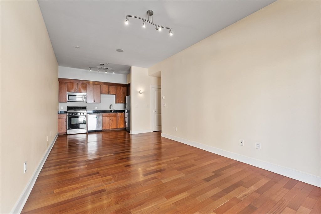 Empty room, Interior, Kitchen, Stainless Steel Appliances, Wood Texture Flooring