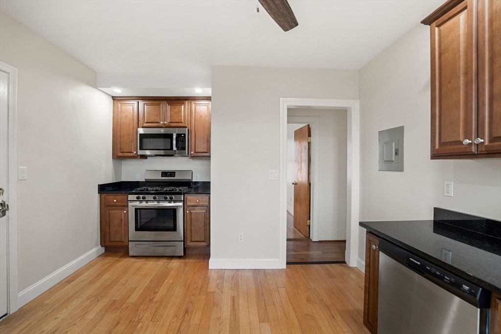 Interior, Kitchen, Recessed Lighting, Stainless Steel Appliances, Wood Texture Flooring