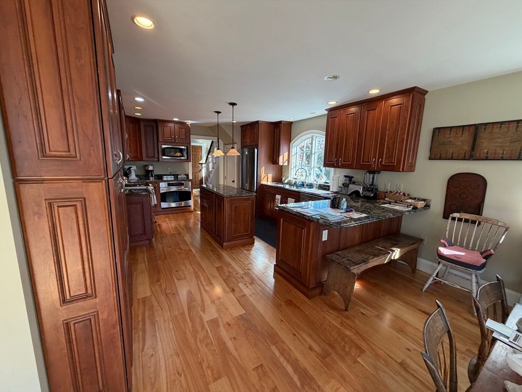 Interior, Kitchen, Pendant Lights, Recessed Lighting, Stainless Steel Appliances, Wood Texture Flooring