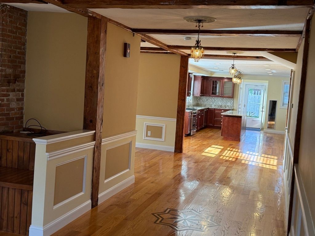 Chandelier, Interior, Kitchen, Pendant Lights, Stone Walls, Wooden Beams, Wood Texture Flooring