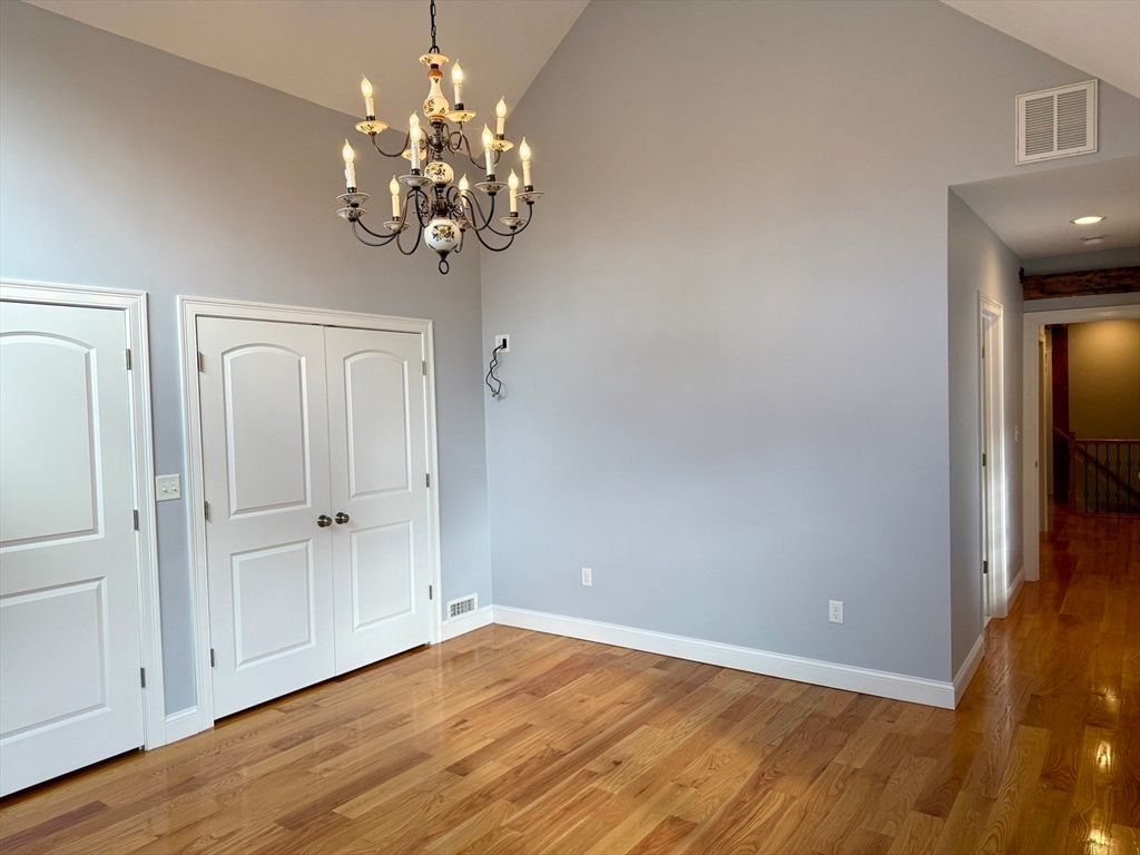 Chandelier, Empty room, Interior, Recessed Lighting, Wood Texture Flooring