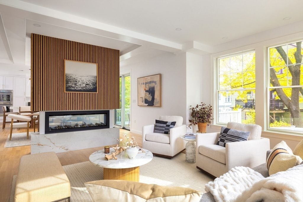 Fireplace, Interior, Living room, Recessed Lighting, Wood Texture Flooring