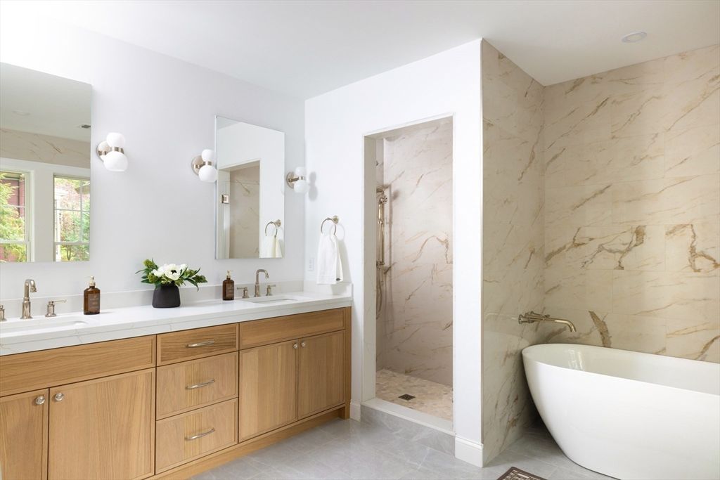 Bathroom, Dual Sink Vanities, Free Standing Baths, Interior, Marble Walls