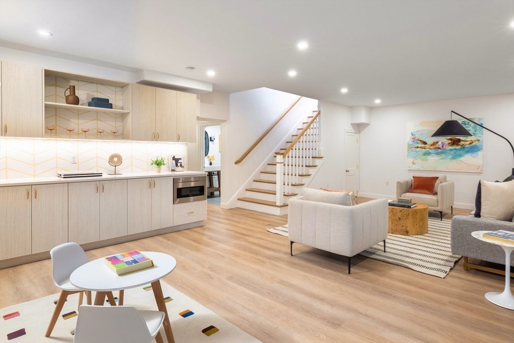 Interior, Kitchen, Living room, Recessed Lighting, Stainless Steel Appliances, Wood Texture Flooring