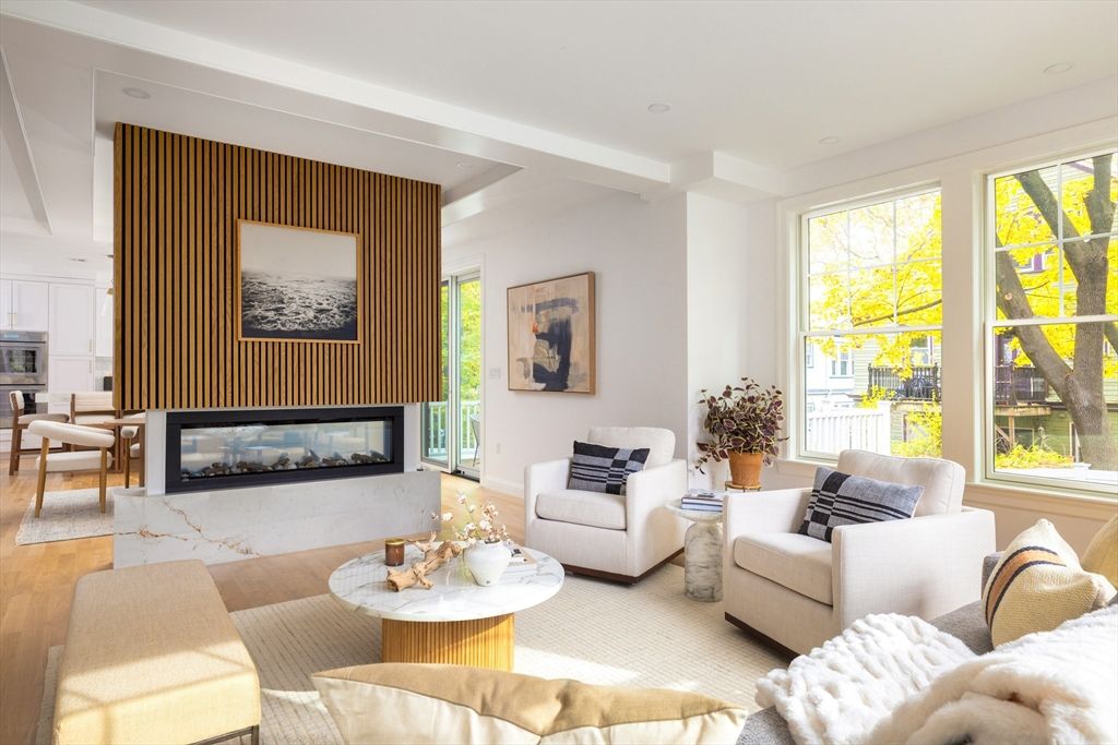 Fireplace, Interior, Living room, Recessed Lighting, Wood Texture Flooring