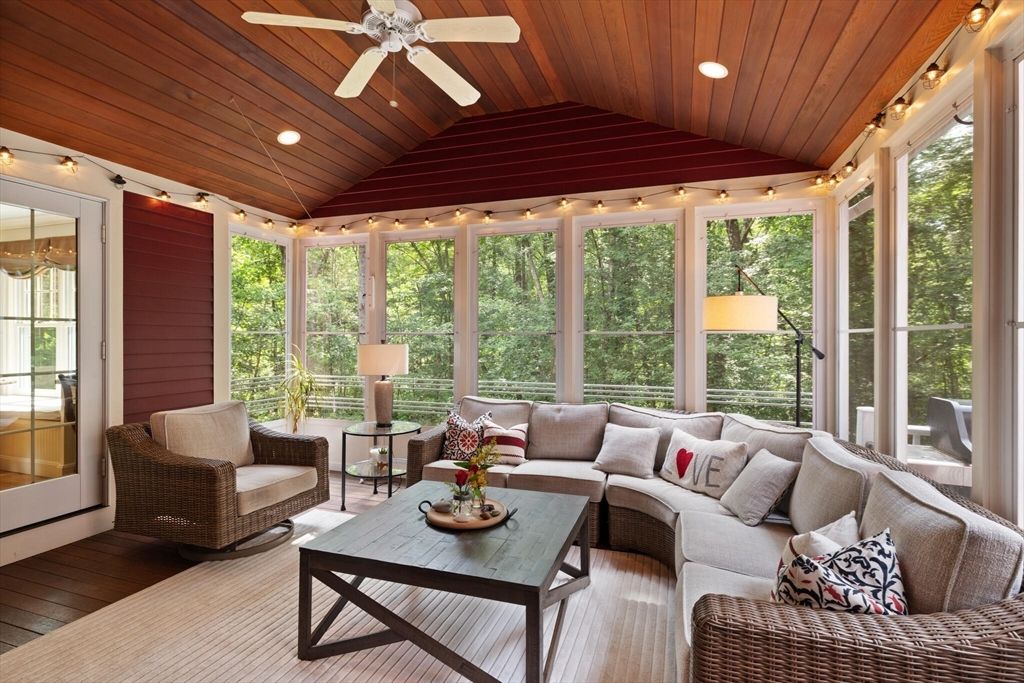 Interior, Living room, Recessed Lighting, Sun Room, Wooden Ceilings, Wood Texture Flooring