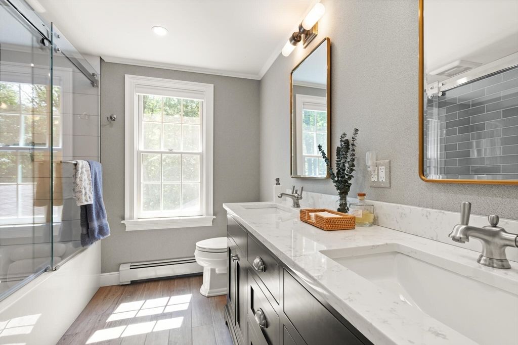 Bathroom, Dual Sink Vanities, Glass Shower, Interior, Recessed Lighting, Wood Texture Flooring