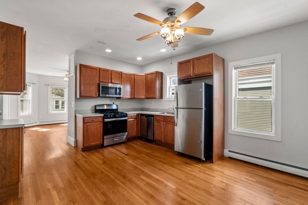 Interior, Kitchen, Recessed Lighting, Stainless Steel Appliances, Wood Texture Flooring