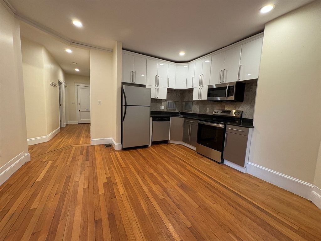 Interior, Kitchen, Recessed Lighting, Stainless Steel Appliances, Wood Texture Flooring