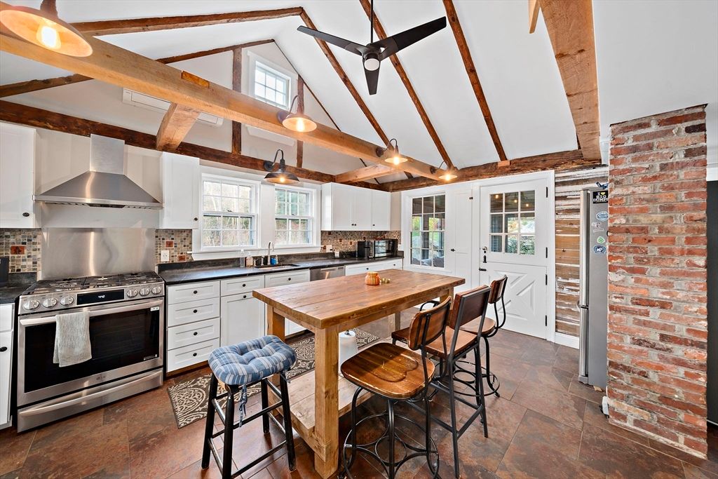 Interior, Kitchen, Pendant Lights, Stainless Steel Appliances, Stone Walls, Wooden Beams