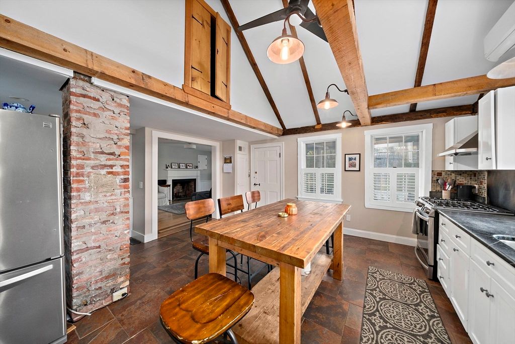 Dining room, Fireplace, Interior, Kitchen, Wooden Beams, Wood Texture Flooring