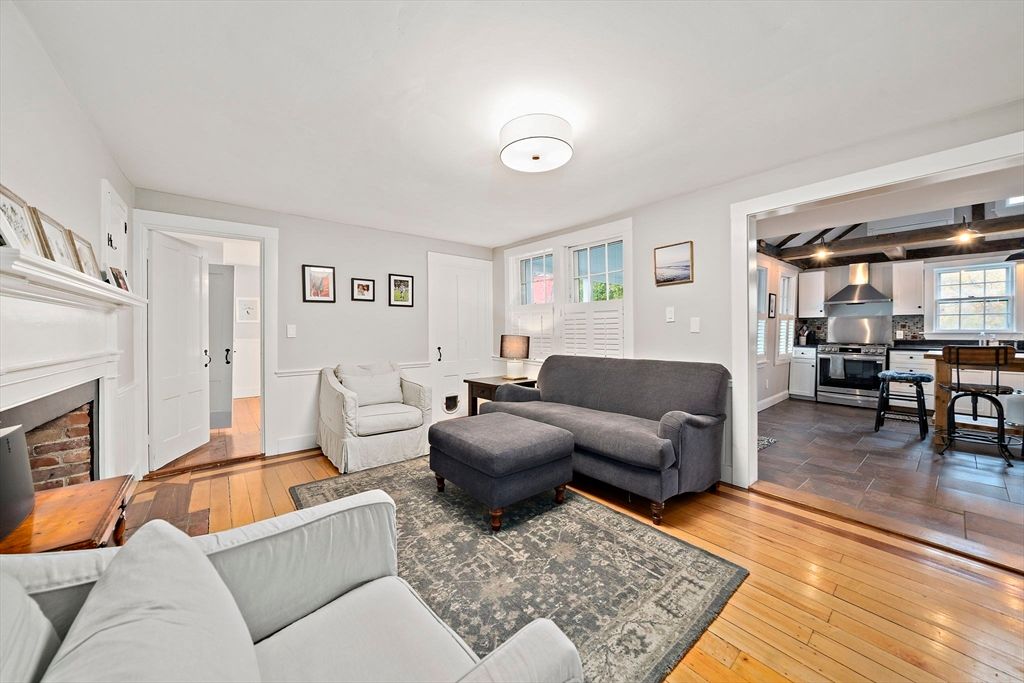 Fireplace, Interior, Kitchen, Living room, Pendant Lights, Wood Texture Flooring