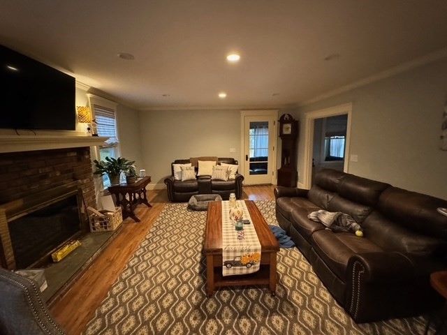 Fireplace, Interior, Living room, Recessed Lighting, Wood Texture Flooring
