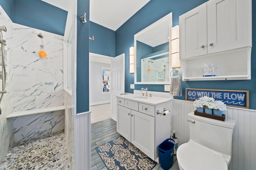 Bathroom, Interior, Marble Walls, Wood Texture Flooring