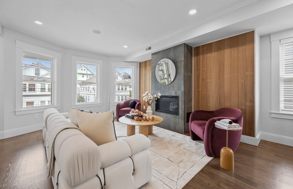 Fireplace, Interior, Living room, Recessed Lighting, Wood Texture Flooring