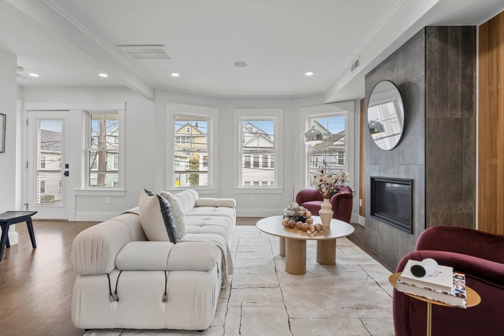 Fireplace, Interior, Living room, Recessed Lighting, Wood Texture Flooring