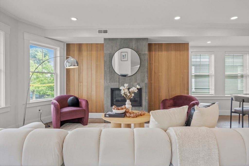 Fireplace, Interior, Living room, Recessed Lighting, Wooden Walls