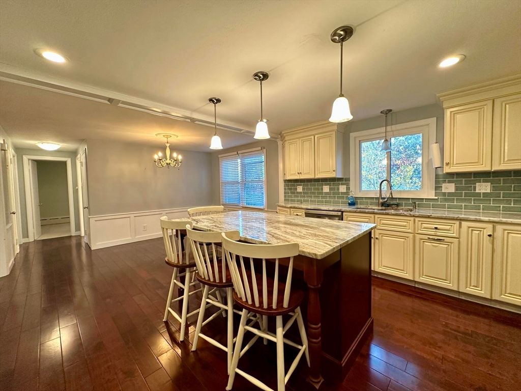 Chandelier, Interior, Kitchen, Pendant Lights, Recessed Lighting, Wood Texture Flooring