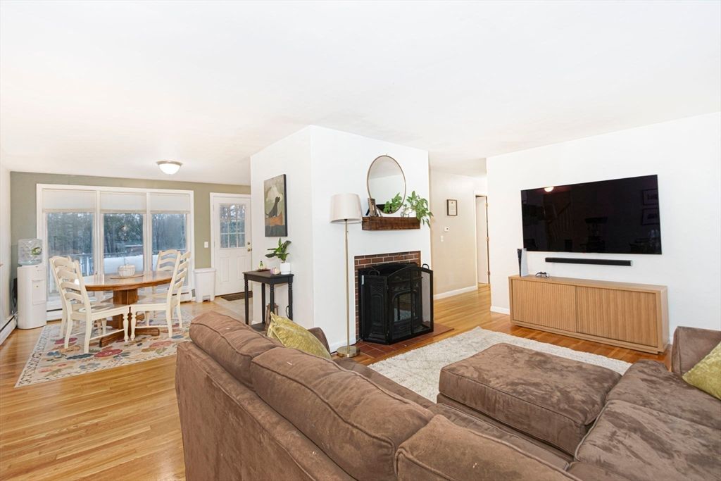 Dining room, Fireplace, Interior, Living room, Wood Texture Flooring