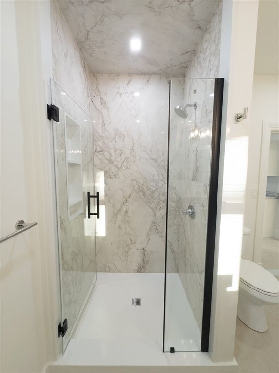 Bathroom, Glass Shower, Interior, Marble Walls, Recessed Lighting