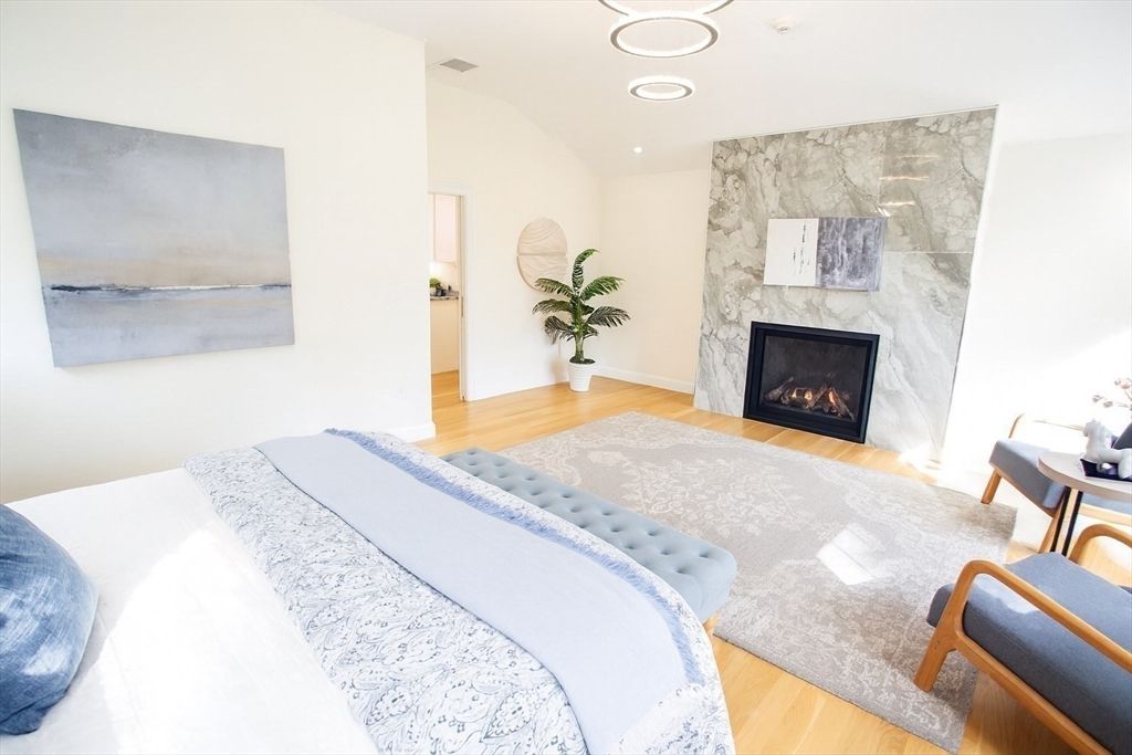 Bedroom, Fireplace, Interior, Recessed Lighting, Wood Texture Flooring