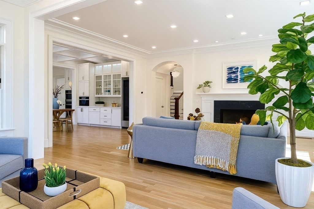 Fireplace, Interior, Living room, Recessed Lighting, Wood Texture Flooring