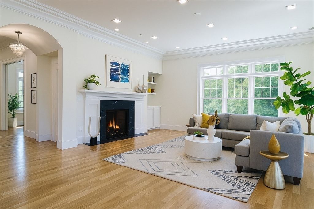 Chandelier, Fireplace, Interior, Living room, Recessed Lighting, Wood Texture Flooring