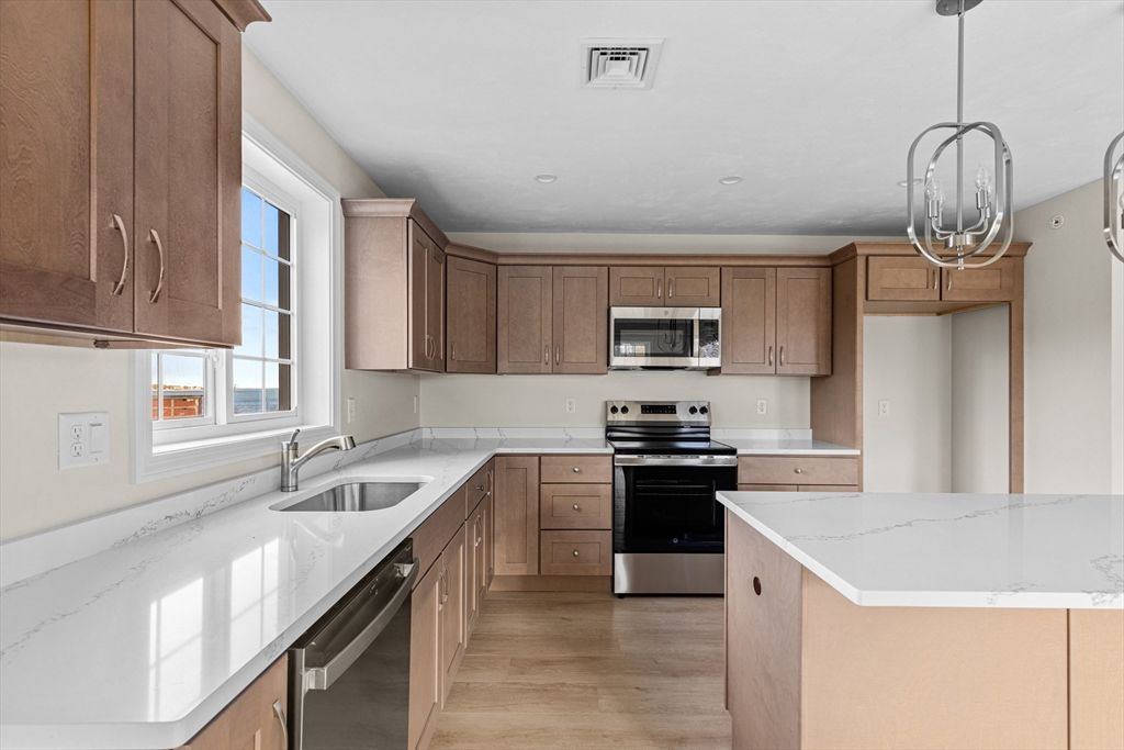 Interior, Kitchen, Pendant Lights, Recessed Lighting, Stainless Steel Appliances, Wood Texture Flooring