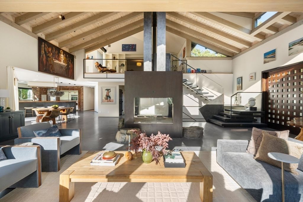 Dining room, Fireplace, Interior, Living room, Pendant Lights, Wooden Beams, Wooden Ceilings, Wood Texture Flooring