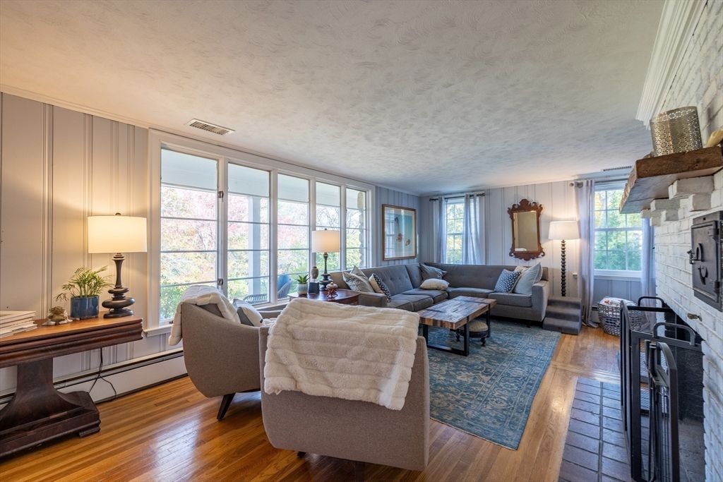 Fireplace, Interior, Living room, Stone Walls, Wood Texture Flooring