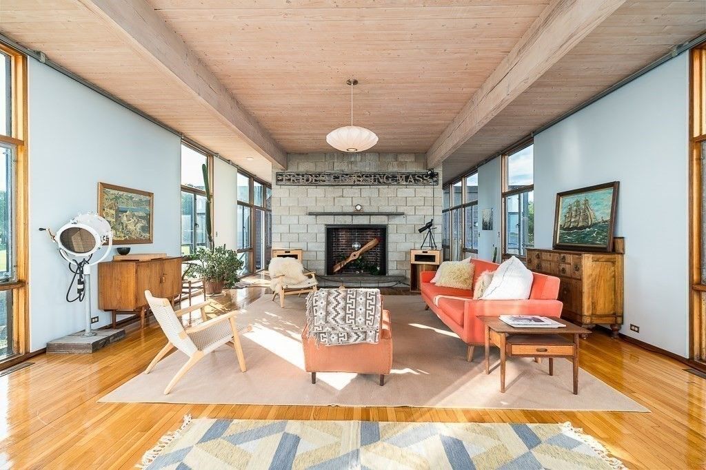 Fireplace, Interior, Living room, Pendant Lights, Stone Walls, Wooden Beams, Wooden Ceilings, Wood Texture Flooring