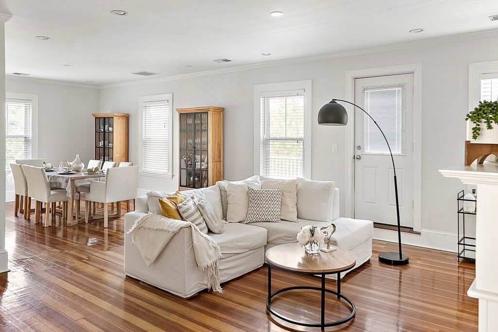 Dining room, Interior, Living room, Recessed Lighting, Wood Texture Flooring