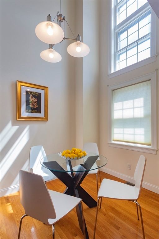 Dining room, Interior, Pendant Lights, Wood Texture Flooring