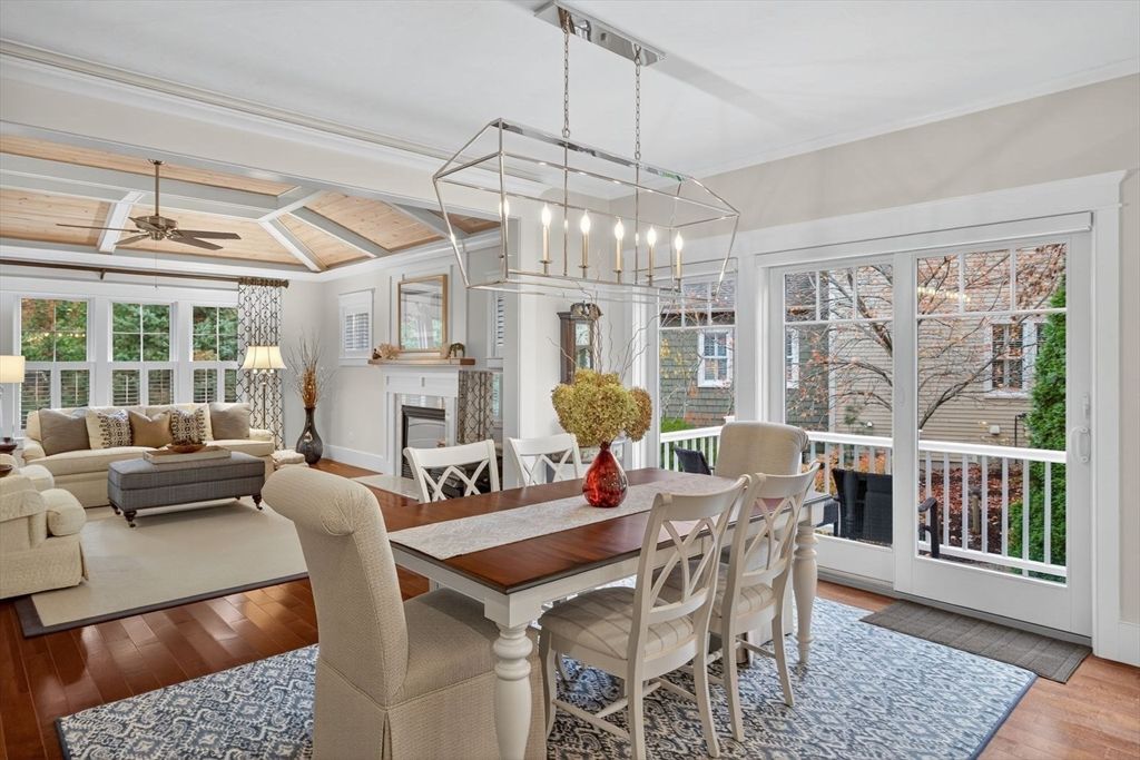 Dining room, Fireplace, Interior, Living room, Pendant Lights, Wood Texture Flooring