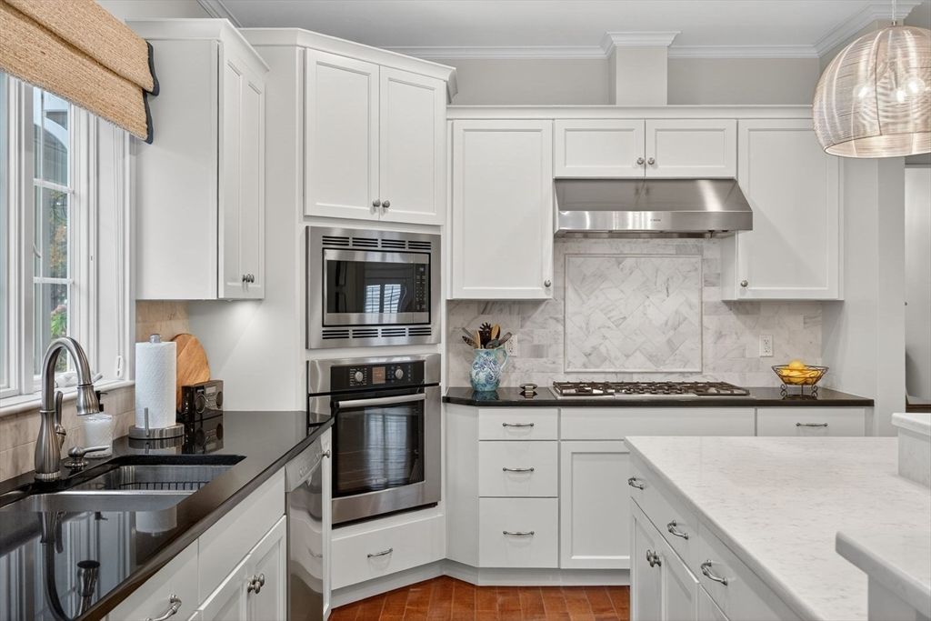 Interior, Kitchen, Marble Walls, Stainless Steel Appliances, Wood Texture Flooring