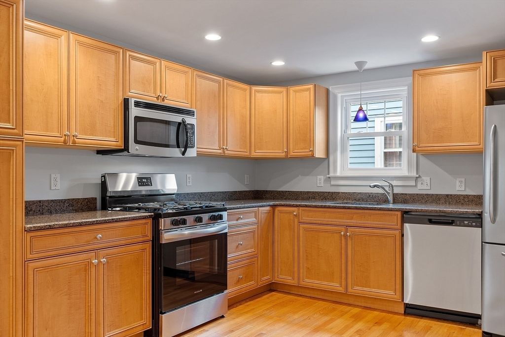 Interior, Kitchen, Pendant Lights, Recessed Lighting, Stainless Steel Appliances, Wood Texture Flooring