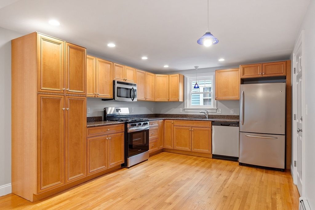 Interior, Kitchen, Pendant Lights, Recessed Lighting, Stainless Steel Appliances, Wood Texture Flooring
