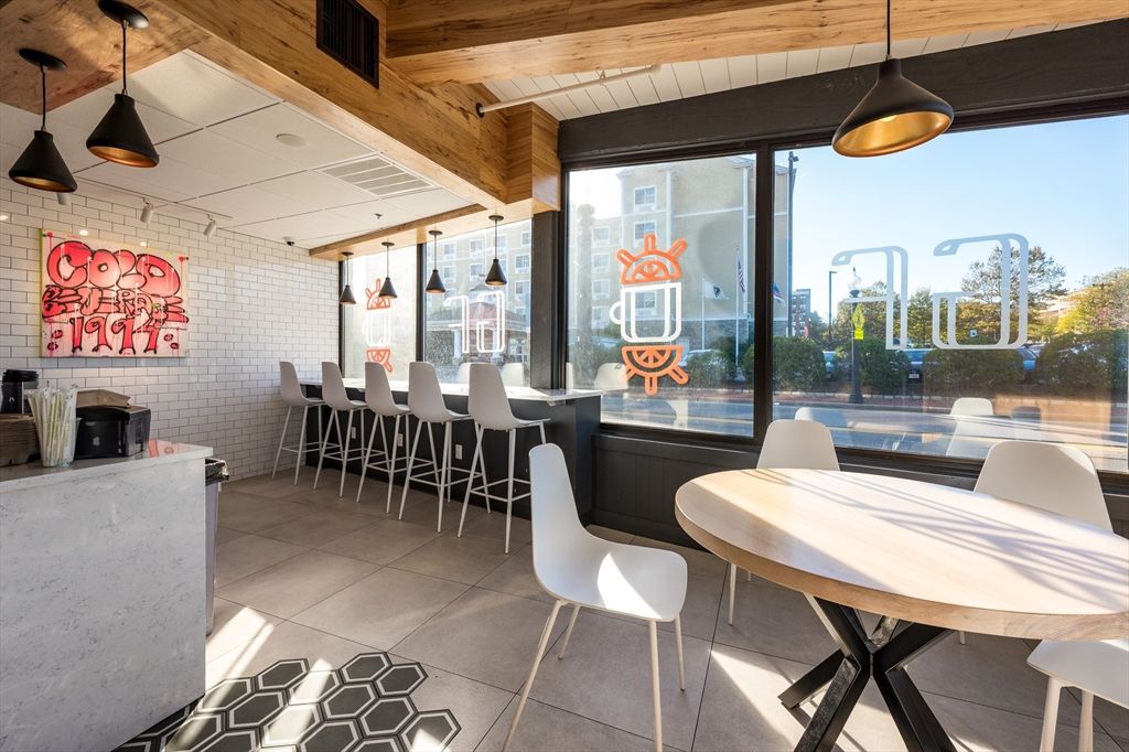 Dining room, Interior, Pendant Lights, Stone Walls, Wooden Beams