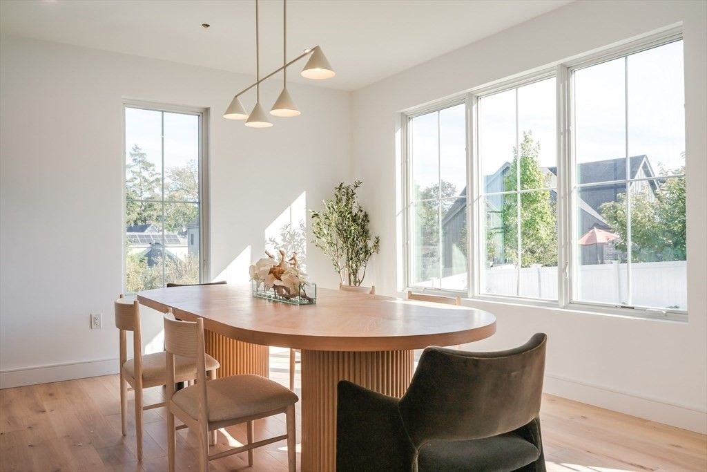 Dining room, Interior, Pendant Lights, Wood Texture Flooring