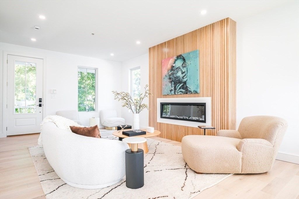 Fireplace, Interior, Living room, Recessed Lighting, Wood Texture Flooring