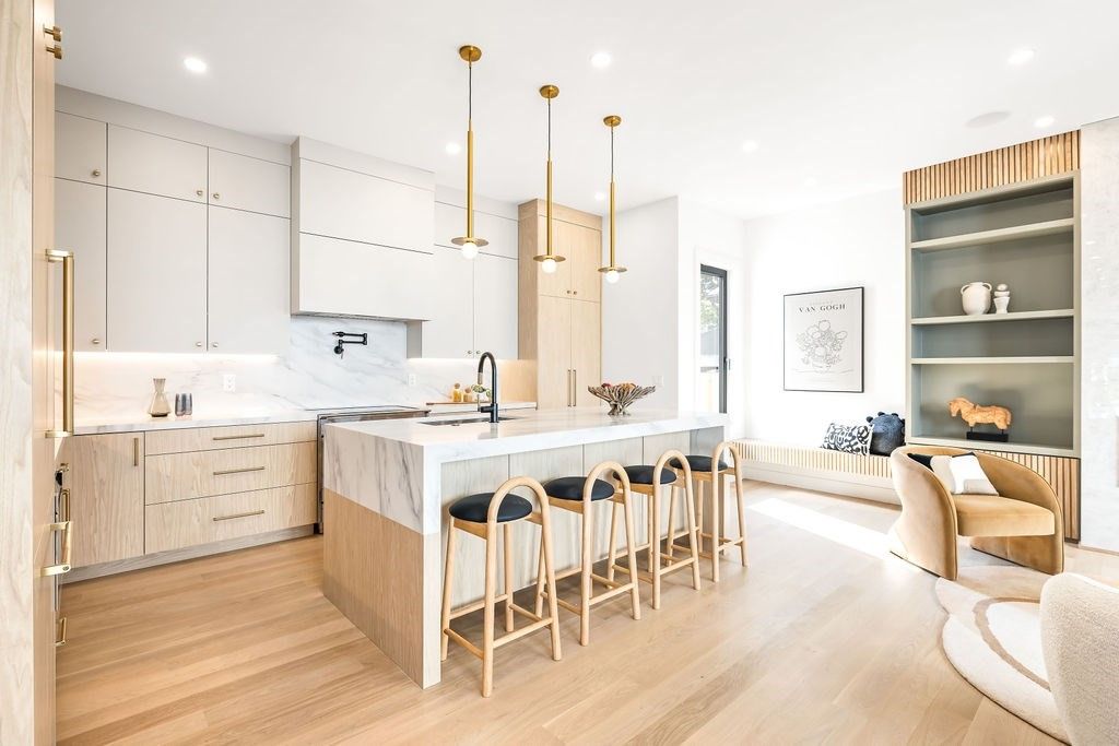 Interior, Kitchen, Marble Walls, Pendant Lights, Recessed Lighting, Wood Texture Flooring