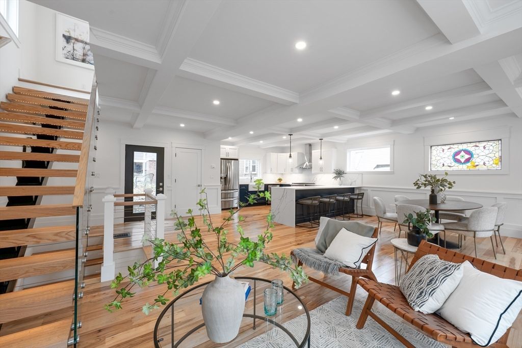 Dining room, Fireplace, Interior, Kitchen, Living room, Pendant Lights, Recessed Lighting, Wood Texture Flooring