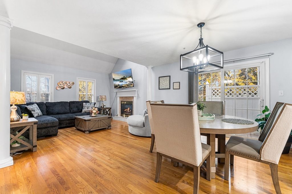 Dining room, Fireplace, Interior, Living room, Pendant Lights, Wood Texture Flooring
