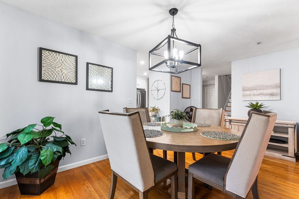 Dining room, Interior, Pendant Lights, Recessed Lighting, Wood Texture Flooring