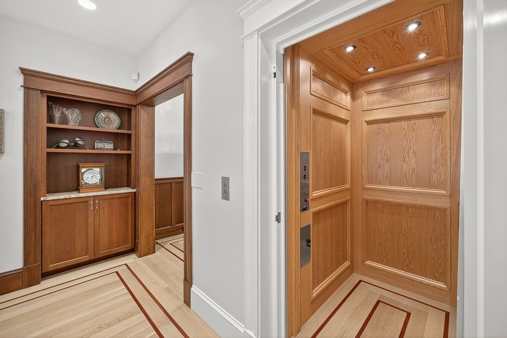 Elevator, Interior, Recessed Lighting, Wooden Ceilings, Wood Texture Flooring, Wooden Walls