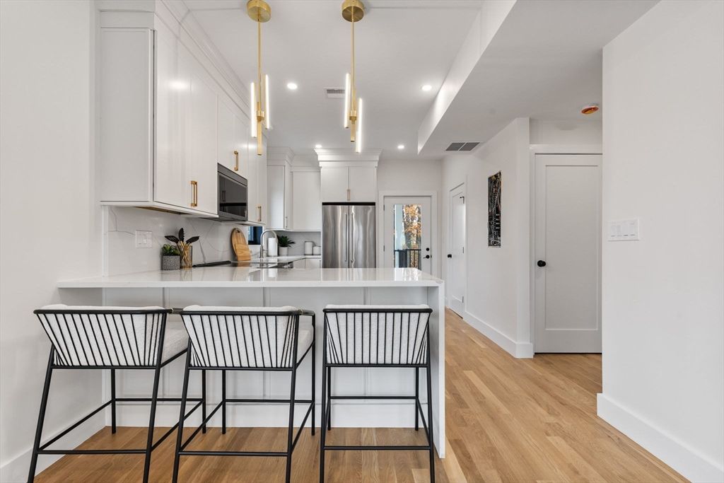 Interior, Kitchen, Pendant Lights, Recessed Lighting, Stainless Steel Appliances, Wood Texture Flooring
