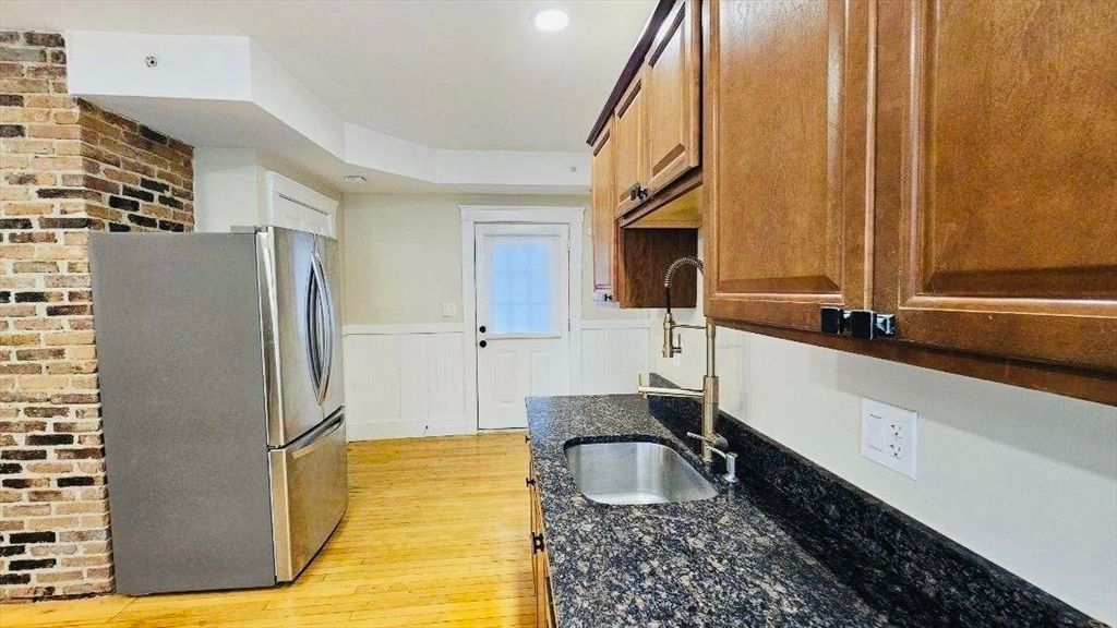 Interior, Kitchen, Recessed Lighting, Stone Walls, Wood Texture Flooring