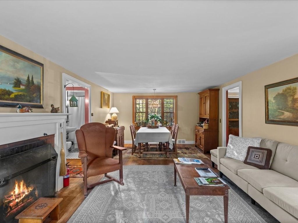Dining room, Fireplace, Interior, Living room, Pendant Lights, Wood Texture Flooring