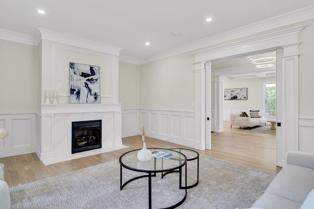 Fireplace, Interior, Living room, Recessed Lighting, Wood Texture Flooring