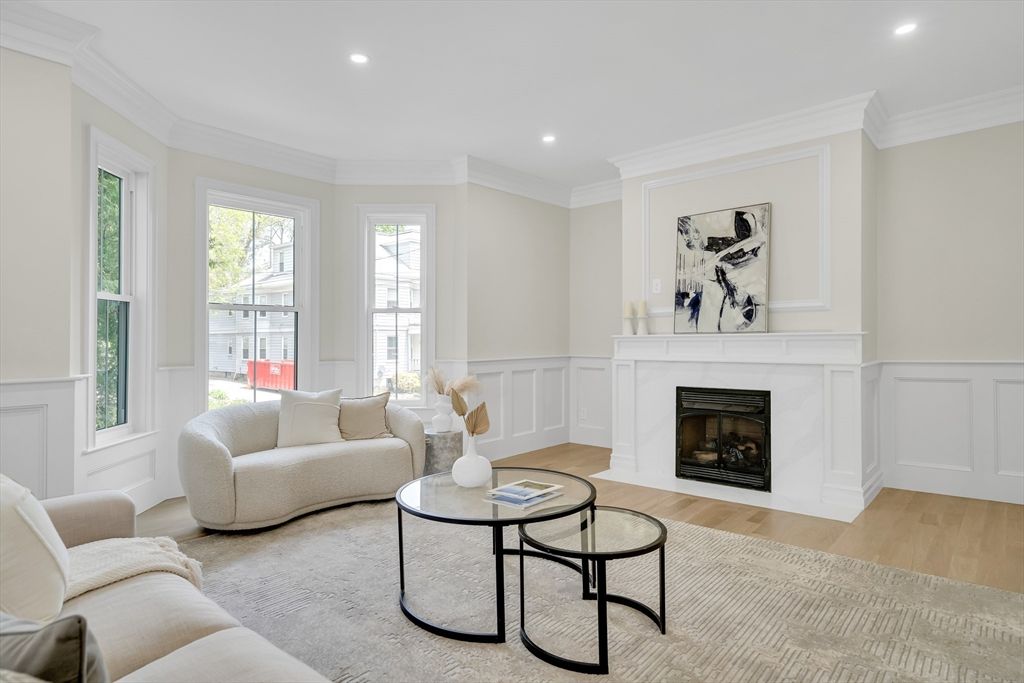 Fireplace, Interior, Living room, Recessed Lighting, Wood Texture Flooring